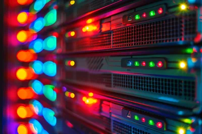 Server Rack With Blinking Status Indicator Lights