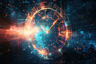 Abstract Digital Clock Face With Futuristic Data Streams