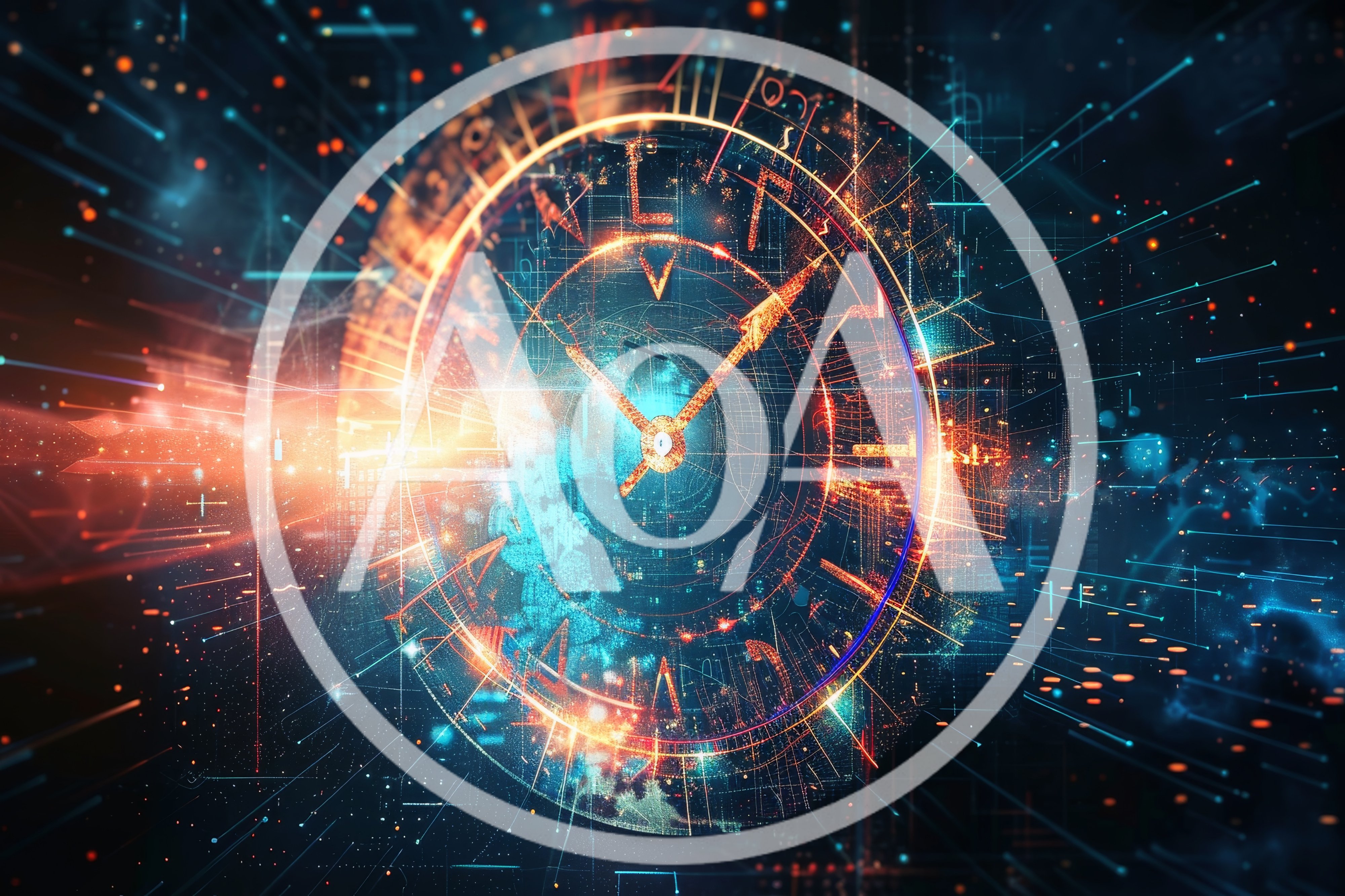 Abstract Digital Clock Face With Futuristic Data Streams