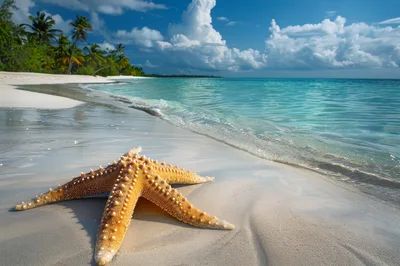 Starfish Resting On A Tropical White Sand Beach