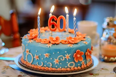 Sixtieth Birthday Cake With Lit Candles