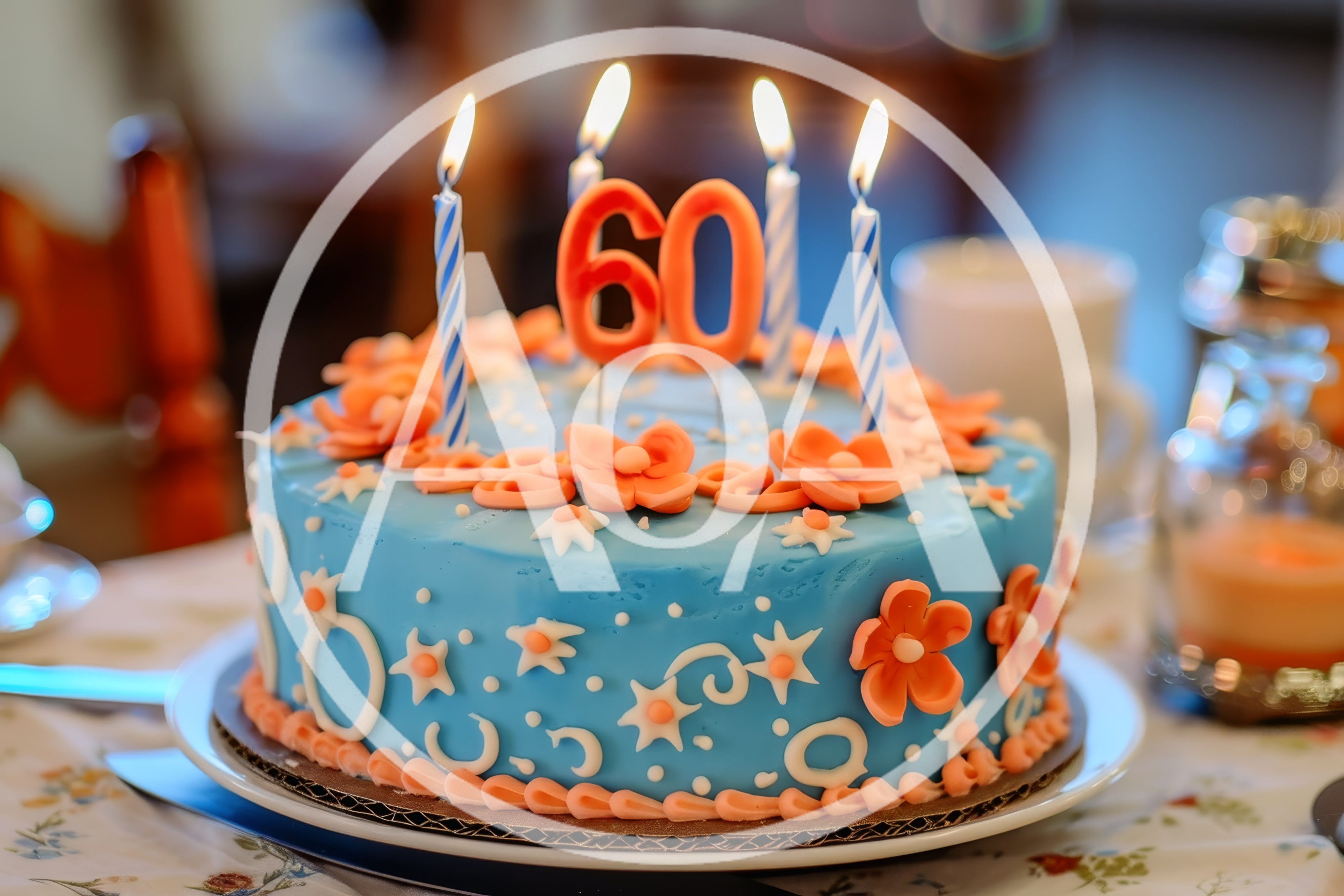 Sixtieth Birthday Cake With Lit Candles