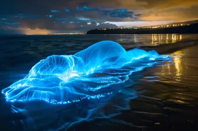 Bioluminescent Waves Glowing On A Dark Beach