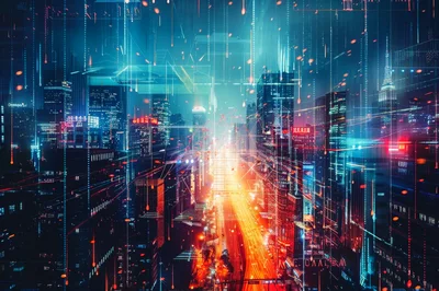 Futuristic Cyberpunk Cityscape With Digital Data Streams