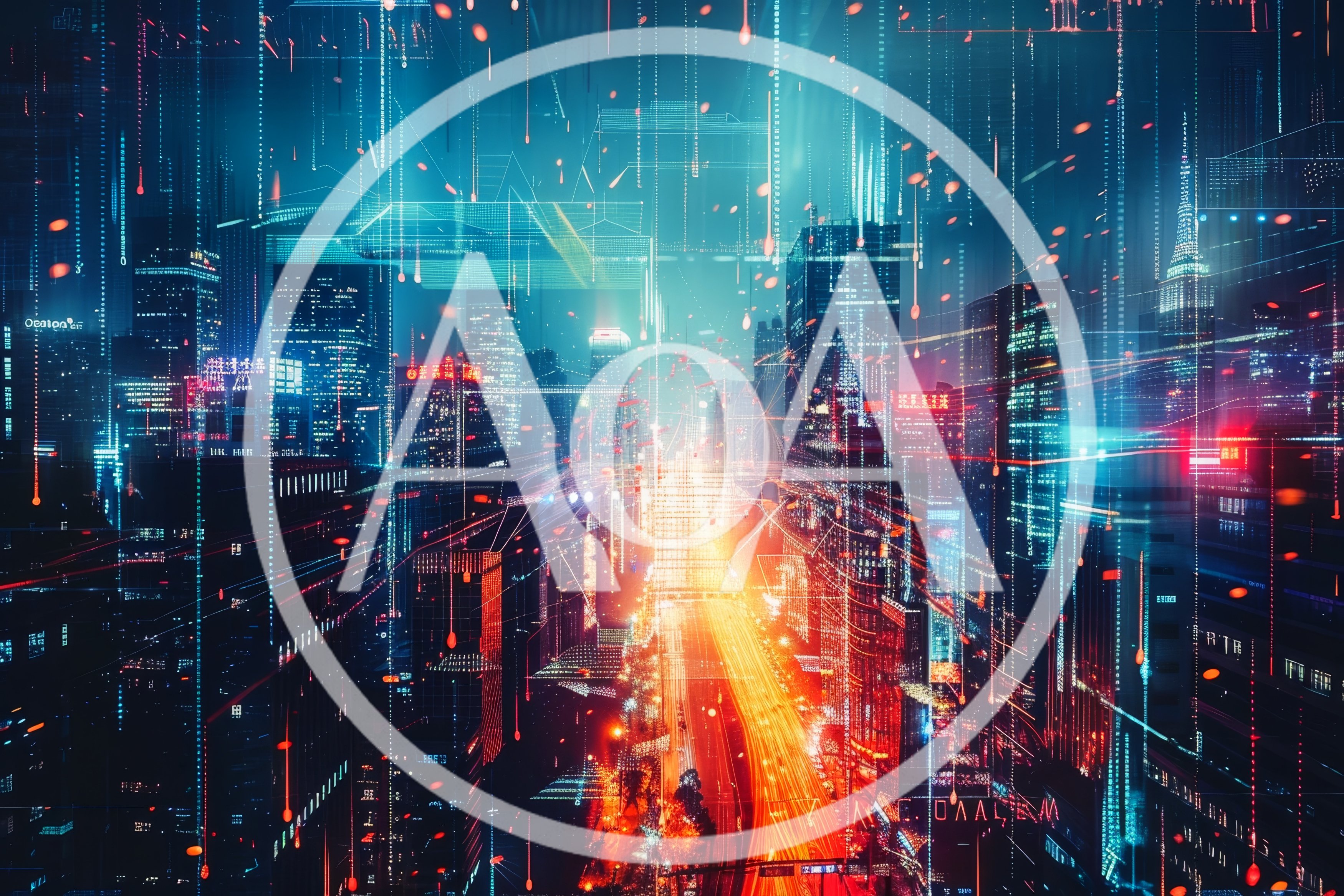 Futuristic Cyberpunk Cityscape With Digital Data Streams