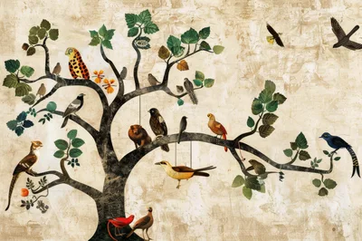Vintage Botanical Tree Illustration With Exotic Birds