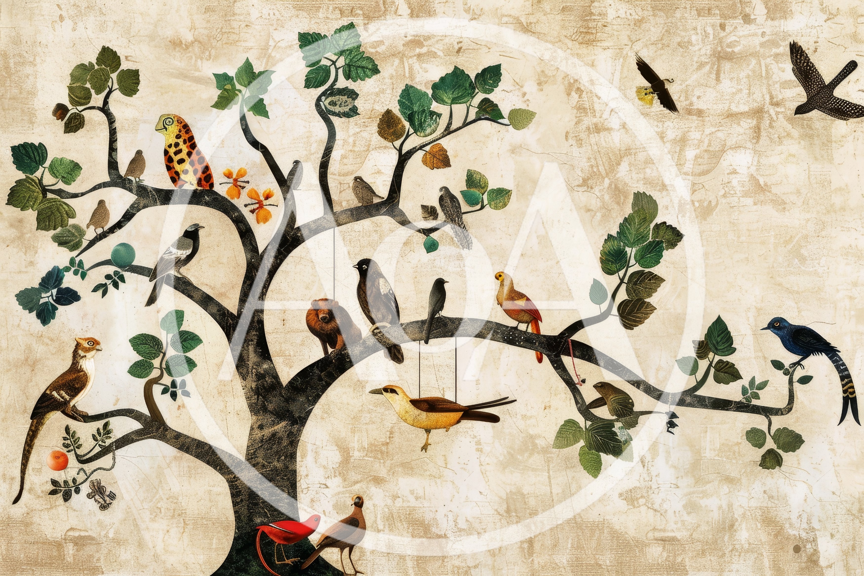 Vintage Botanical Tree Illustration With Exotic Birds