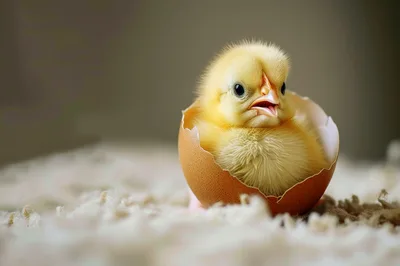 Fluffy Yellow Chick Hatching From A Brown Egg