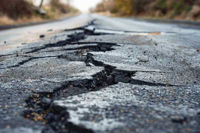 Cracked Asphalt Road Surface After Earthquake Damage
