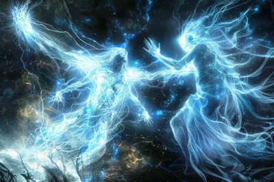 Two Ethereal Energy Beings Interacting In Deep Space
