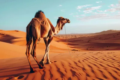 Dromedary Camel Standing On Sahara Desert Sand Dunes