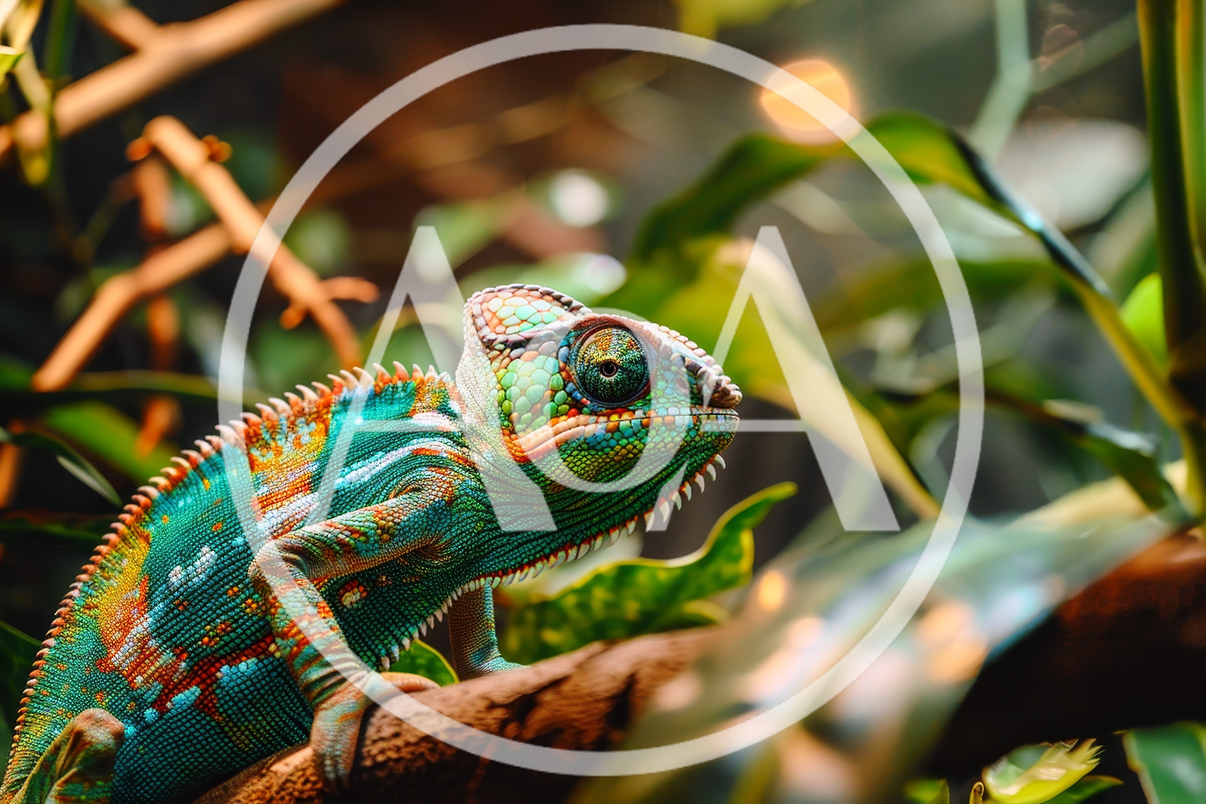Vibrant Panther Chameleon Perched On A Tree Branch