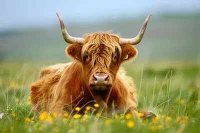 Highland Cow Resting In A Grassy Meadow