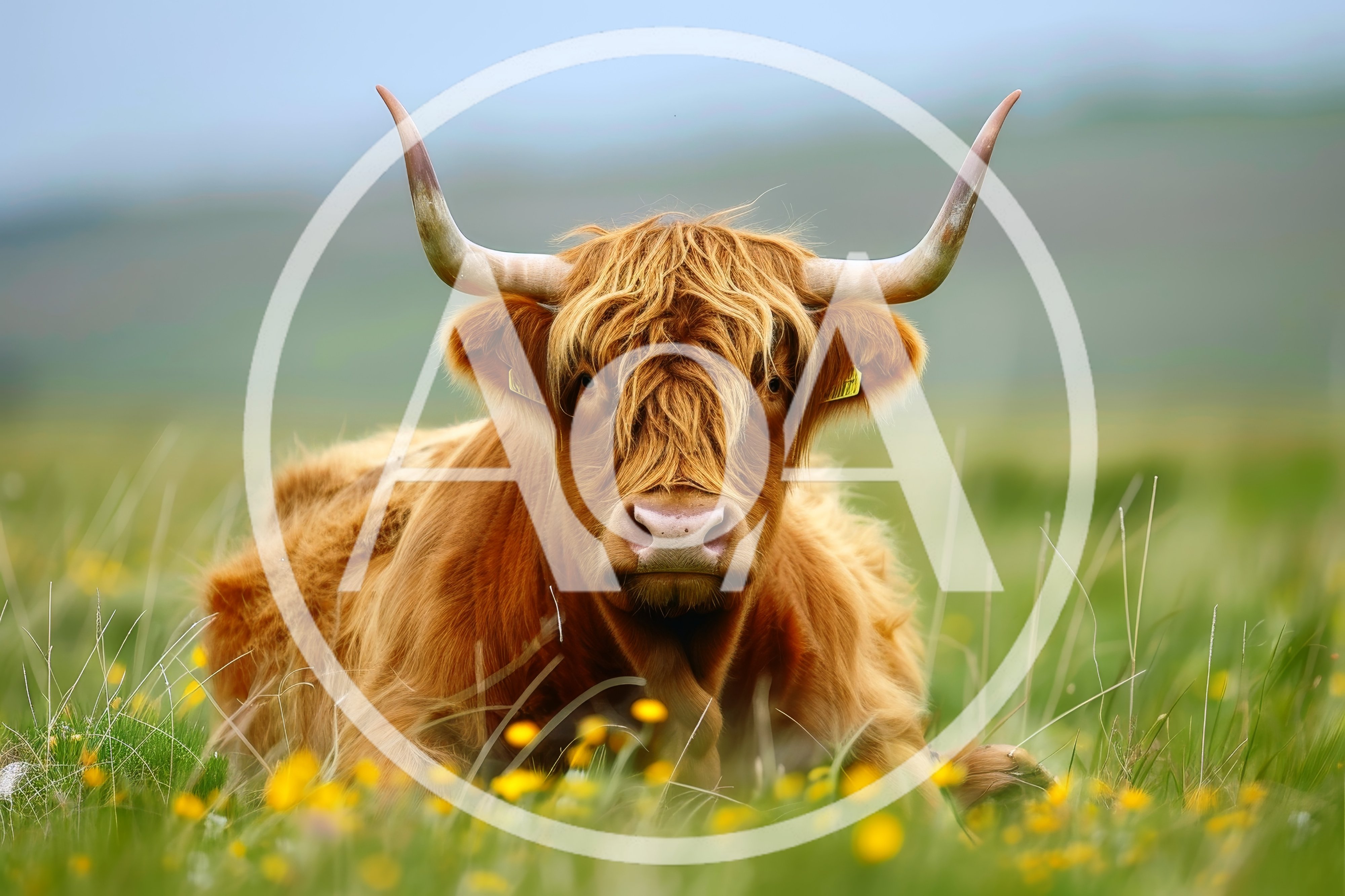 Highland Cow Resting In A Grassy Meadow
