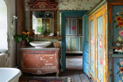 Rustic Bathroom Interior With Vintage Painted Furniture