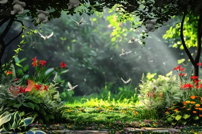 Enchanted Forest Garden With Flying White Doves