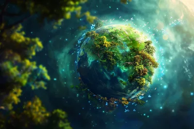 Surreal Earth Planet With Lush Forests And Floating Birds