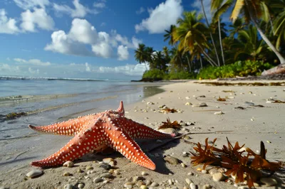 Orange Starfish Resting On A Tropical Sandy Beach