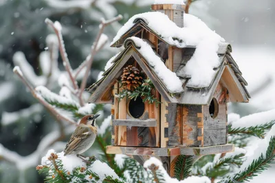 Small Sparrow Perched Near Wooden Birdhouse In Winter