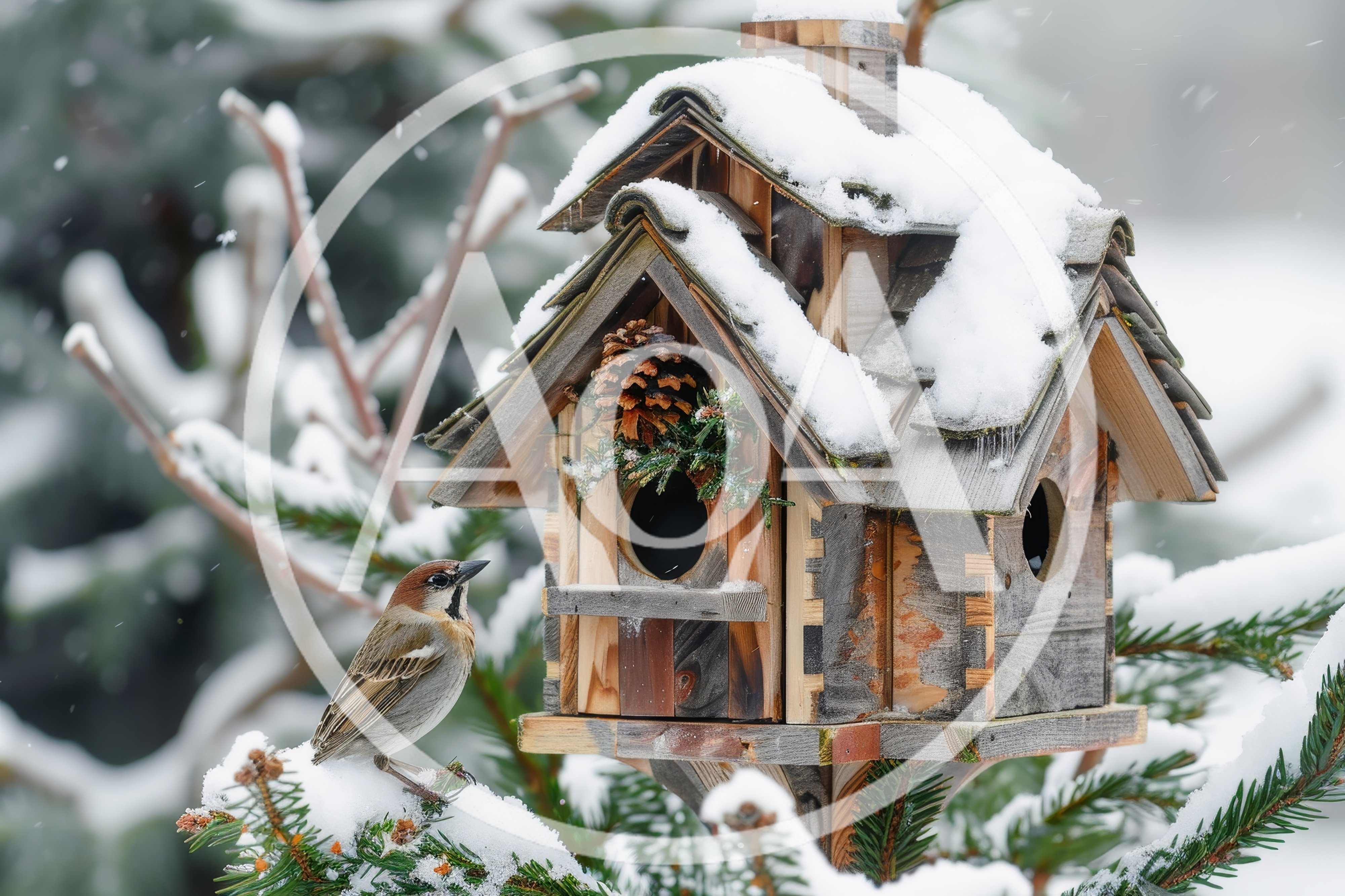 Small Sparrow Perched Near Wooden Birdhouse In Winter