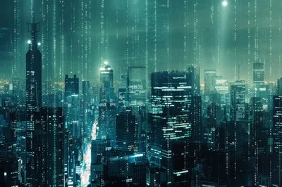 Futuristic Cityscape With Digital Data Rain Overlay