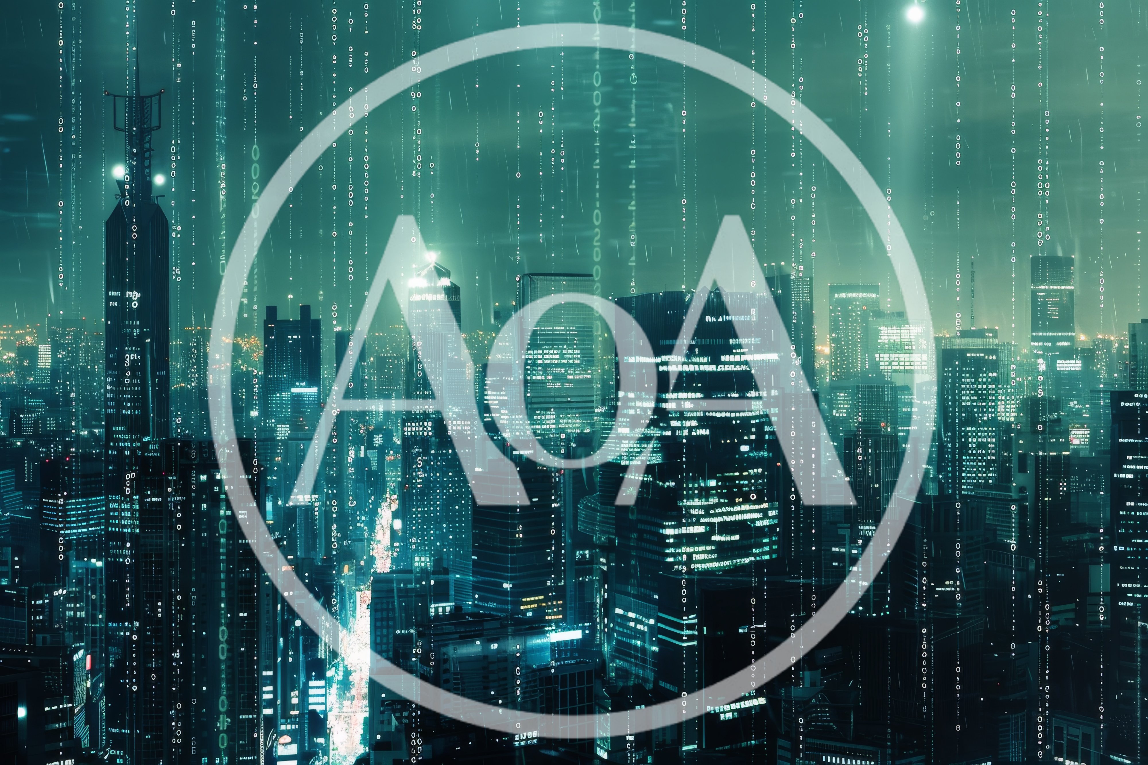 Futuristic Cityscape With Digital Data Rain Overlay