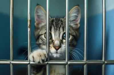 Tabby Kitten Looking Through Metal Cage Bars