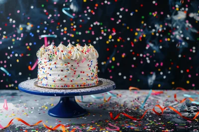 Birthday Cake With Sprinkles On A Blue Stand