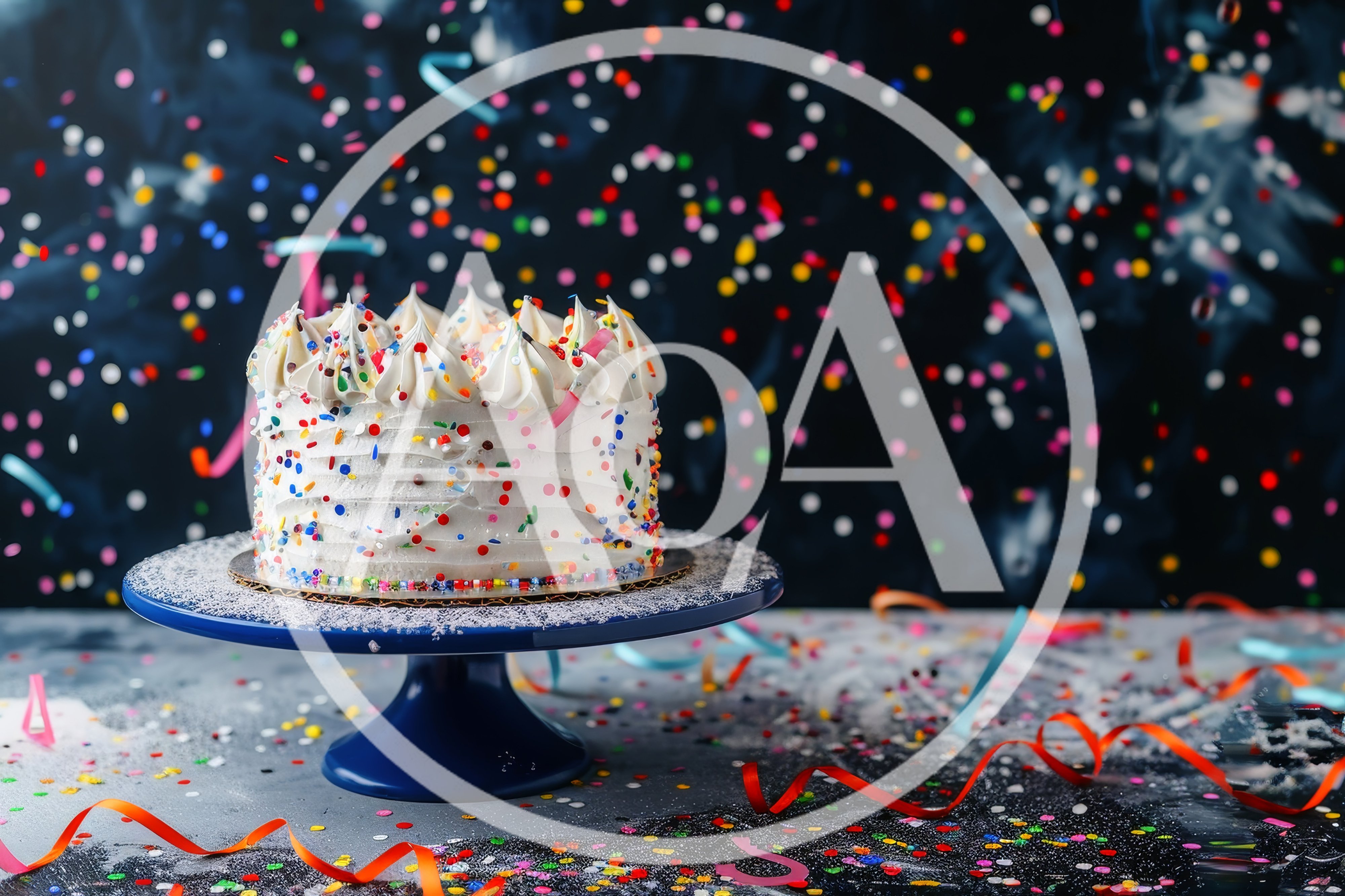Birthday Cake With Sprinkles On A Blue Stand