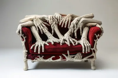 Surreal Red Velvet Sofa With Sculptural Human Hands