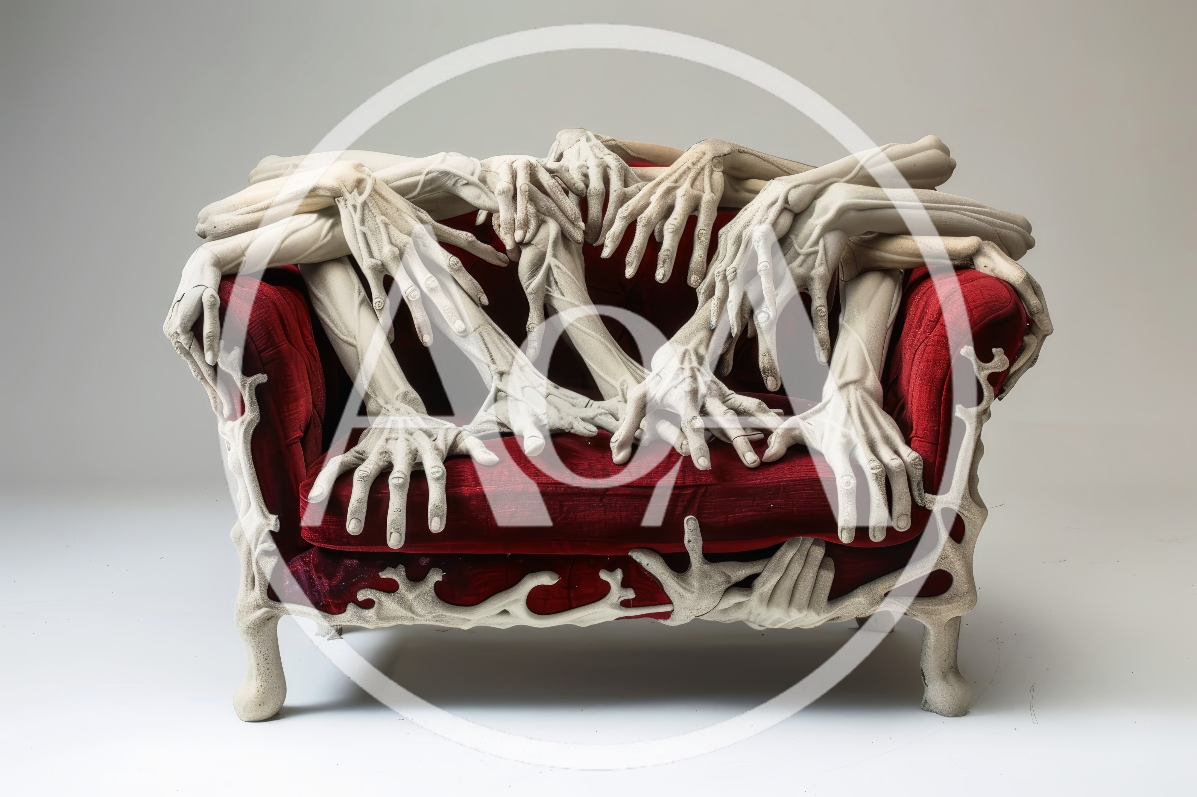 Surreal Red Velvet Sofa With Sculptural Human Hands