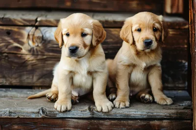 Two Golden Retriever Puppies Sitting On Wooden Steps