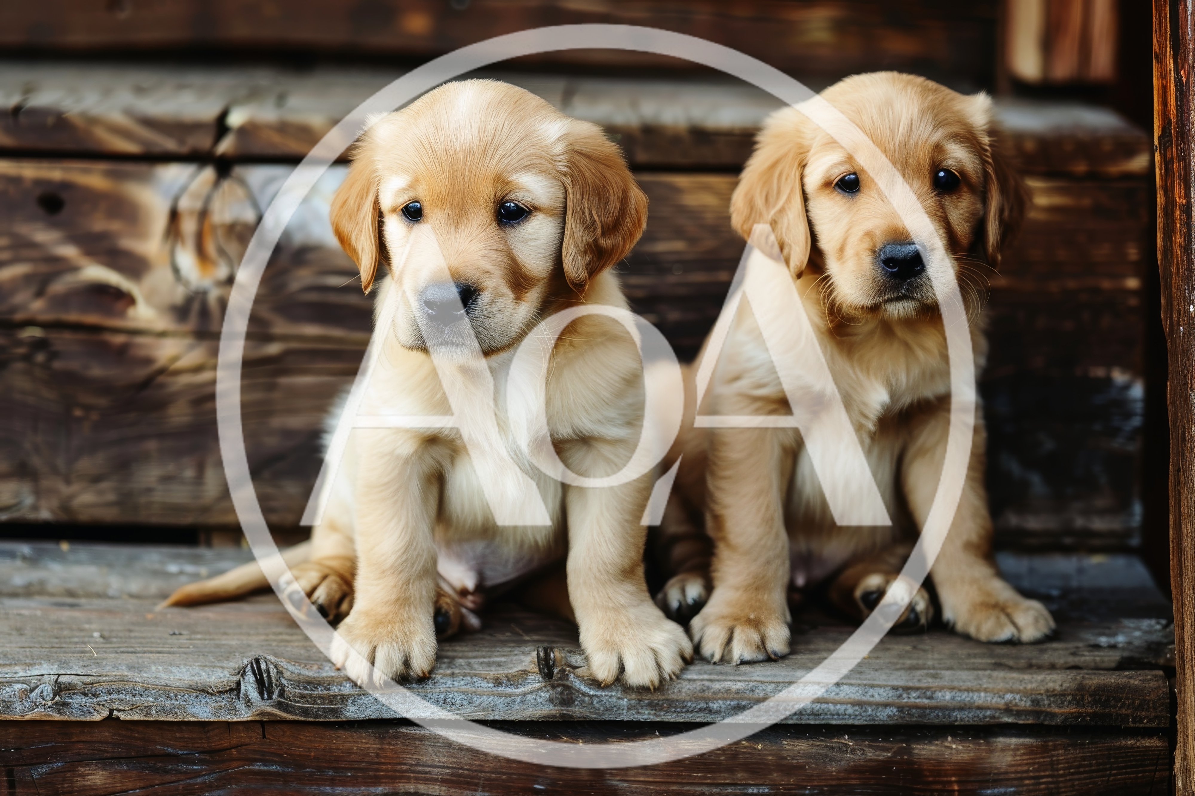 Two Golden Retriever Puppies Sitting On Wooden Steps