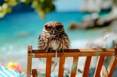 Cute Burrowing Owl Wearing Sunglasses On A Beach Chair