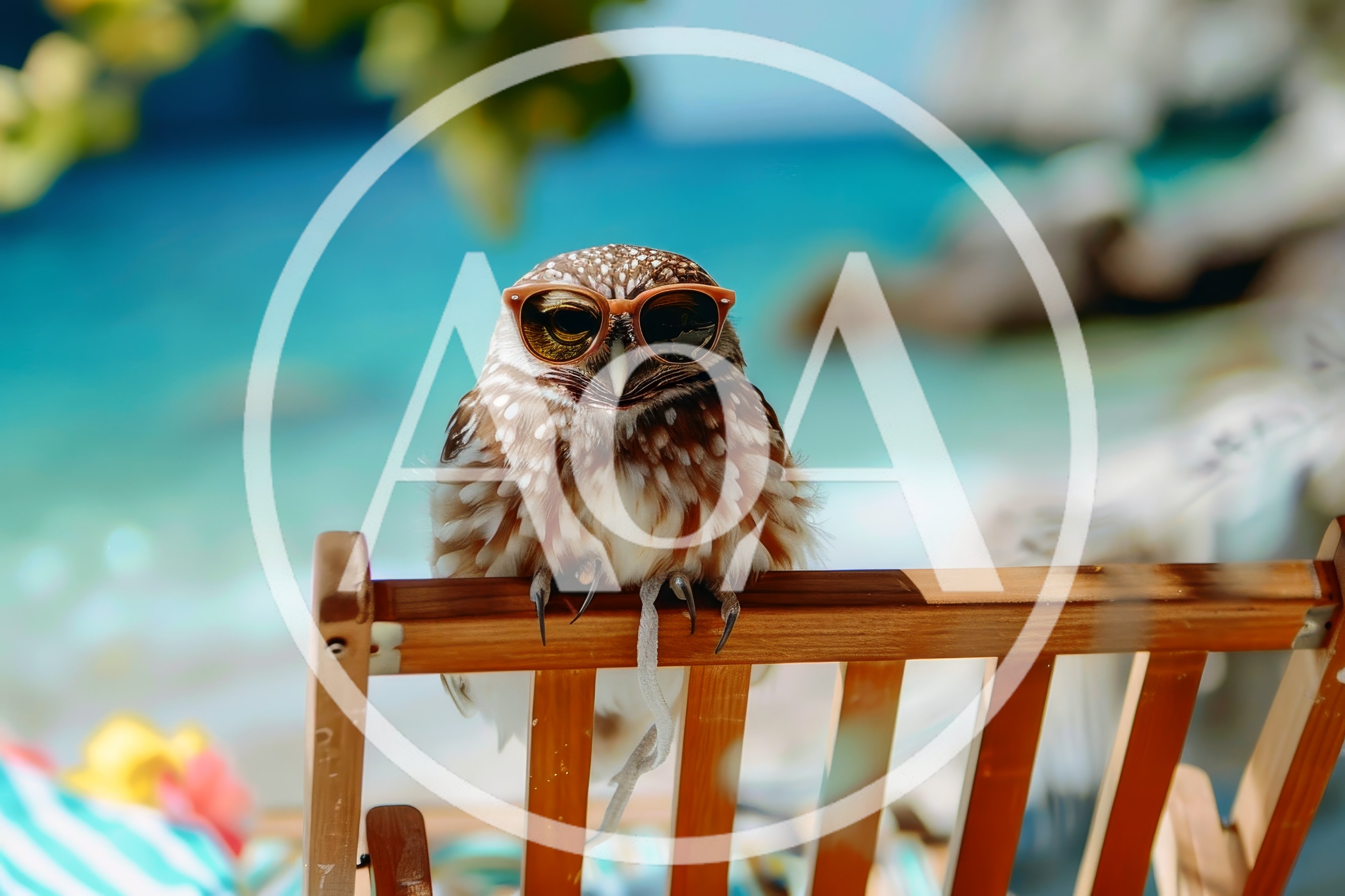 Cute Burrowing Owl Wearing Sunglasses On A Beach Chair