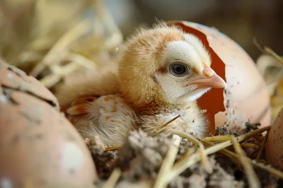 Newborn Chick Resting In Broken Eggshell