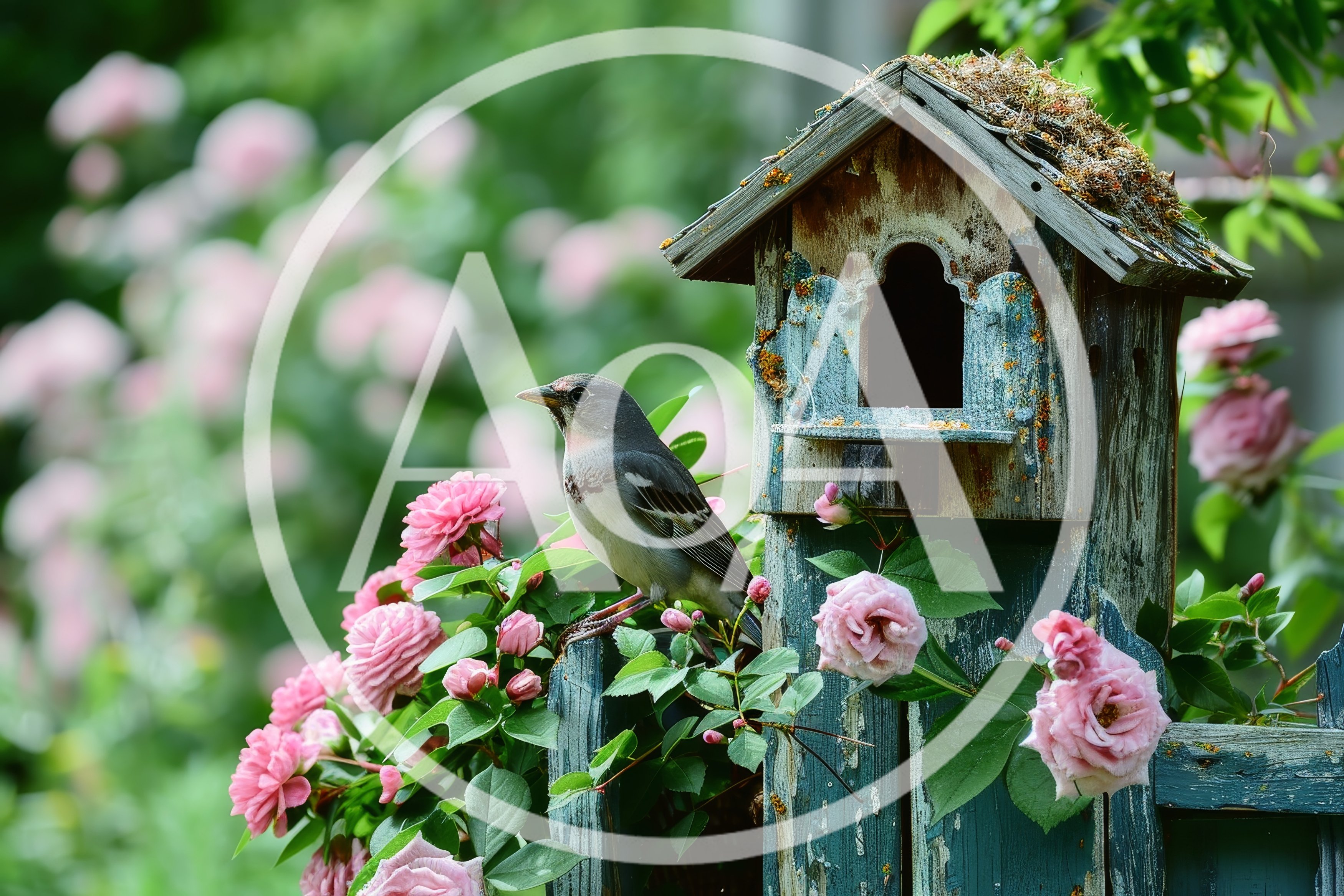 Small Bird Perched on a Rustic Wooden Birdhouse