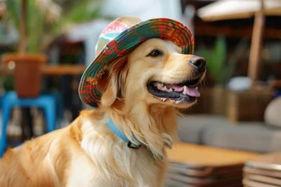 Golden Retriever Wearing A Colorful Patterned Hat