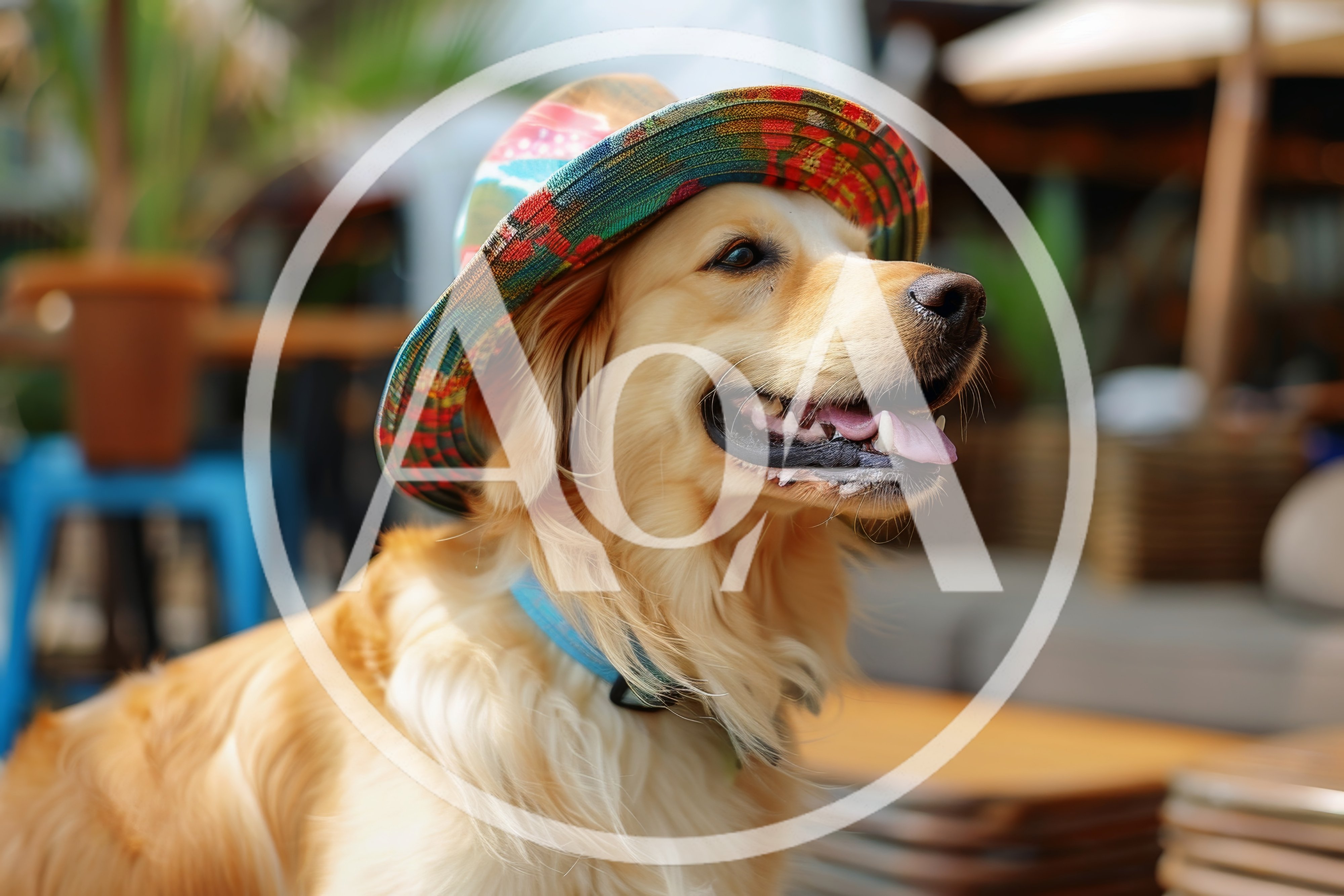 Golden Retriever Wearing A Colorful Patterned Hat