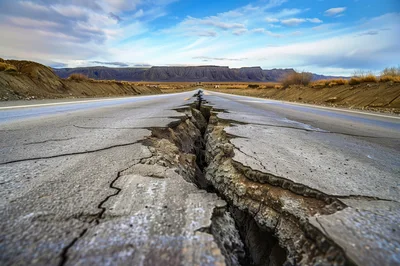 Cracked Asphalt Road Through Desert Landscape