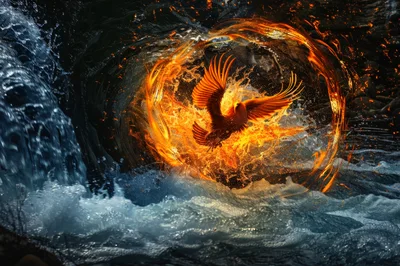 Fiery Phoenix Rising From Rushing River Water