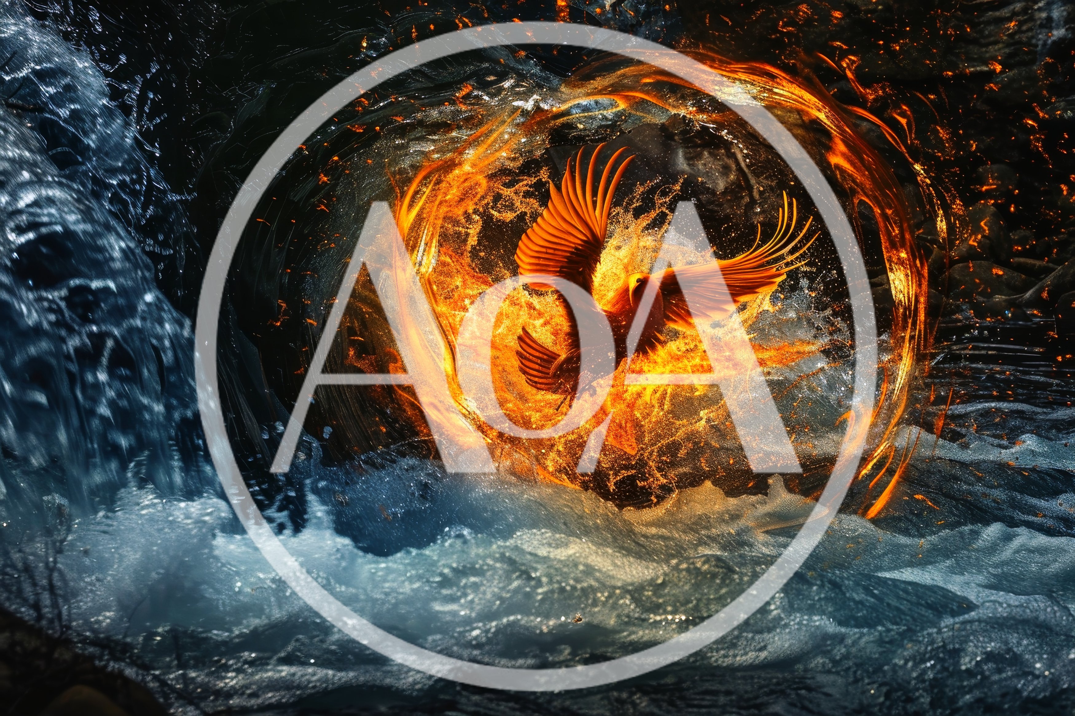 Fiery Phoenix Rising From Rushing River Water