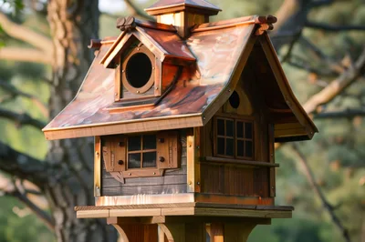 Ornate Wooden Birdhouse With Copper Roof In Garden