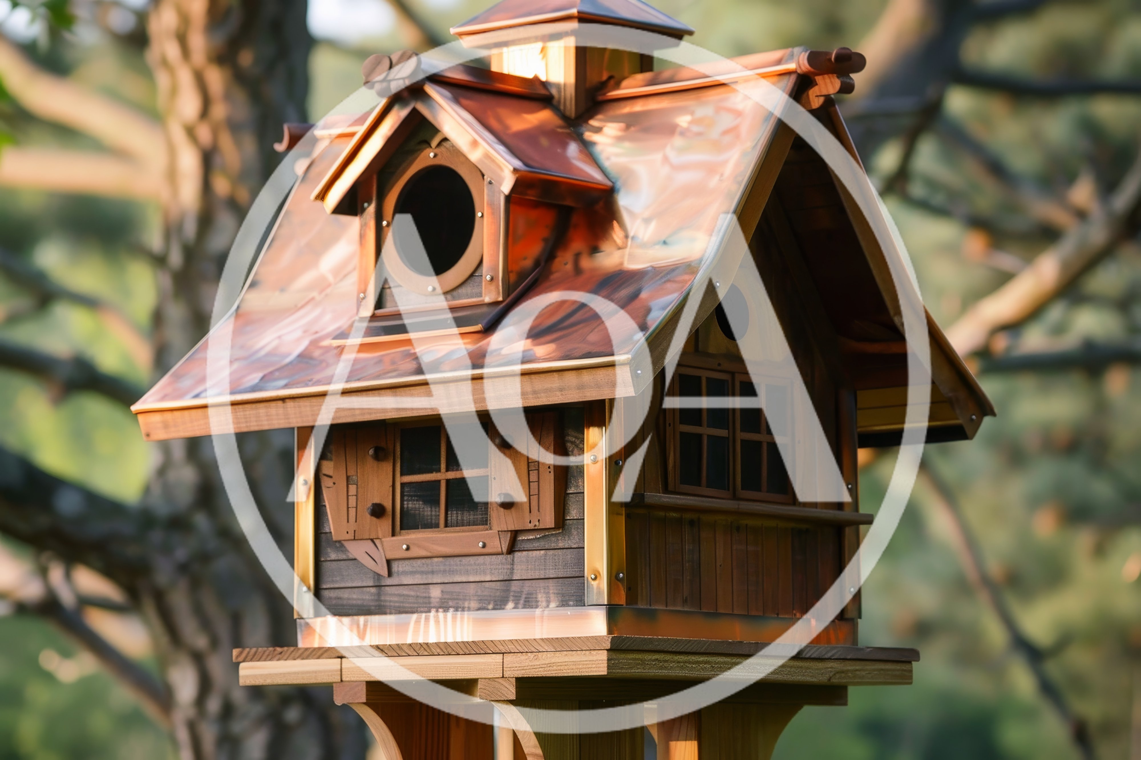 Ornate Wooden Birdhouse With Copper Roof In Garden
