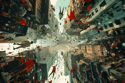 Surreal Cityscape With People Floating In Midair