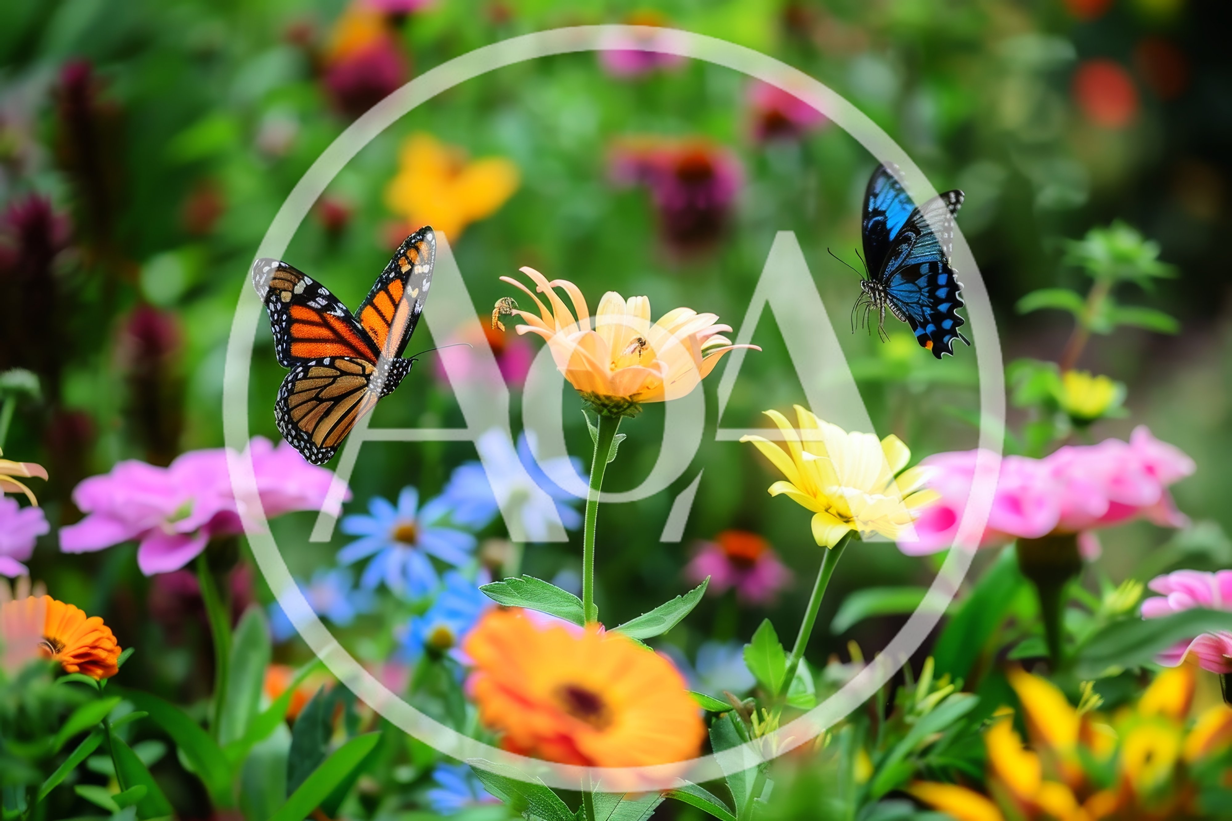 Monarch and Blue Swallowtail Butterflies in Flower Garden