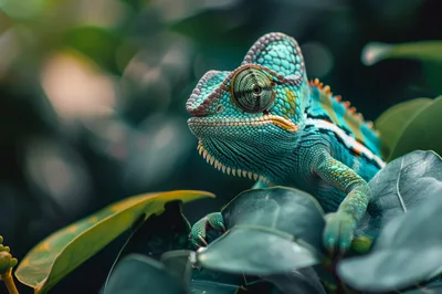 Vibrant Turquoise Chameleon Perched On Lush Green Leaves