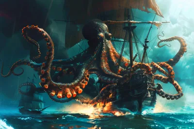 Giant Kraken Attacking A Wooden Sailing Ship