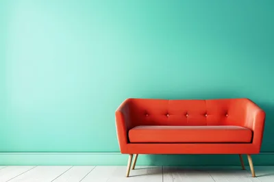 Modern Red Sofa Against A Teal Wall
