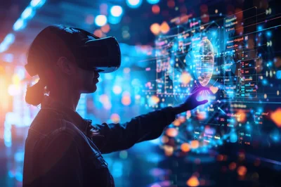 Woman Interacting With Holographic Data Interface In VR